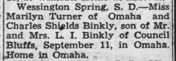 Turner-Binkly Wedding Sioux City Journal (Sioux City, Iowa), 19 Sep 1943, Sun., Page 17